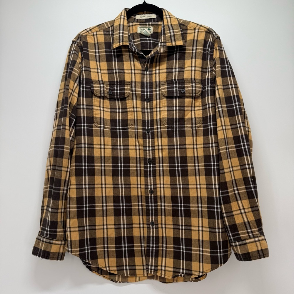 Vintage LL Bean Mens Brown/Yellow Plaid Flannel Button Down Shirt Size Medium